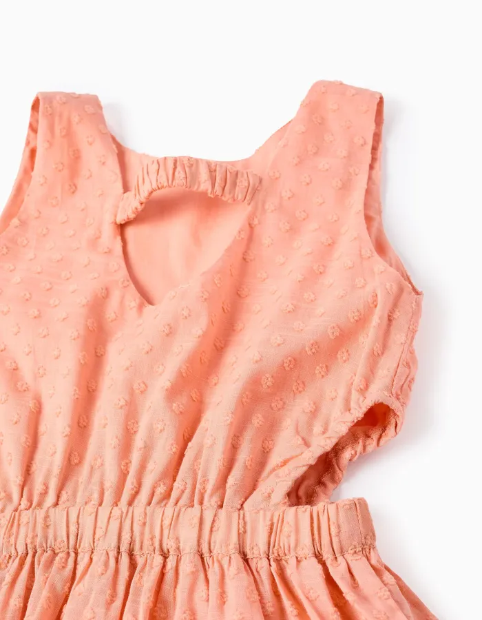 Cotton Swiss dot dress with cut-outs for girls, salmon orange