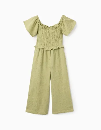 Wide leg cotton jumpsuit in broderie anglaise for girls, light green