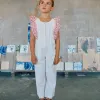 Wide leg cotton jumpsuit with ruffles for girls, white/pink