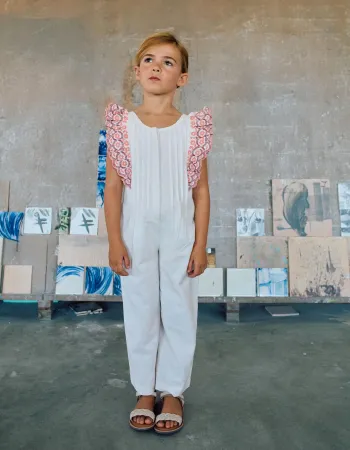 Wide leg cotton jumpsuit with ruffles for girls, white/pink