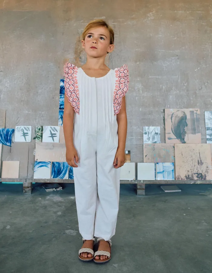 Wide leg cotton jumpsuit with ruffles for girls, white/pink