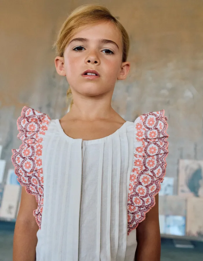 Wide leg cotton jumpsuit with ruffles for girls, white/pink