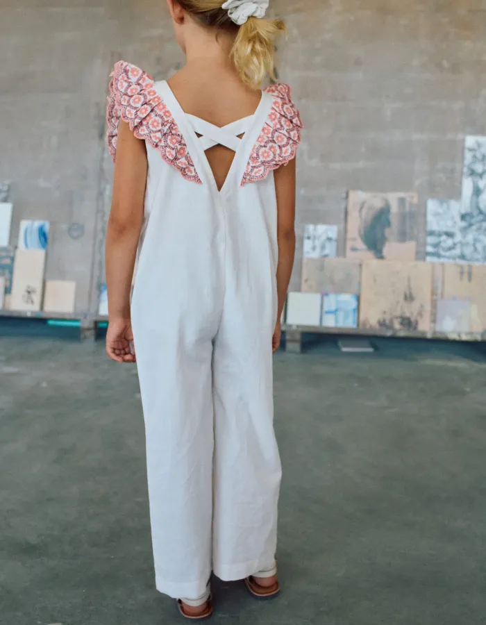 Wide leg cotton jumpsuit with ruffles for girls, white/pink