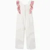 Wide leg cotton jumpsuit with ruffles for girls, white/pink