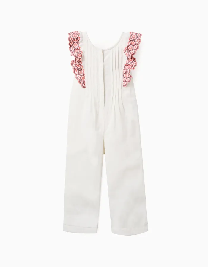 Wide leg cotton jumpsuit with ruffles for girls, white/pink