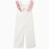 Wide leg cotton jumpsuit with ruffles for girls, white/pink