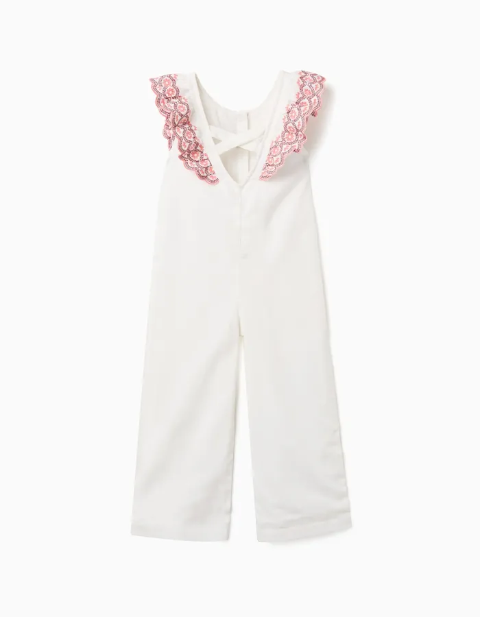 Wide leg cotton jumpsuit with ruffles for girls, white/pink