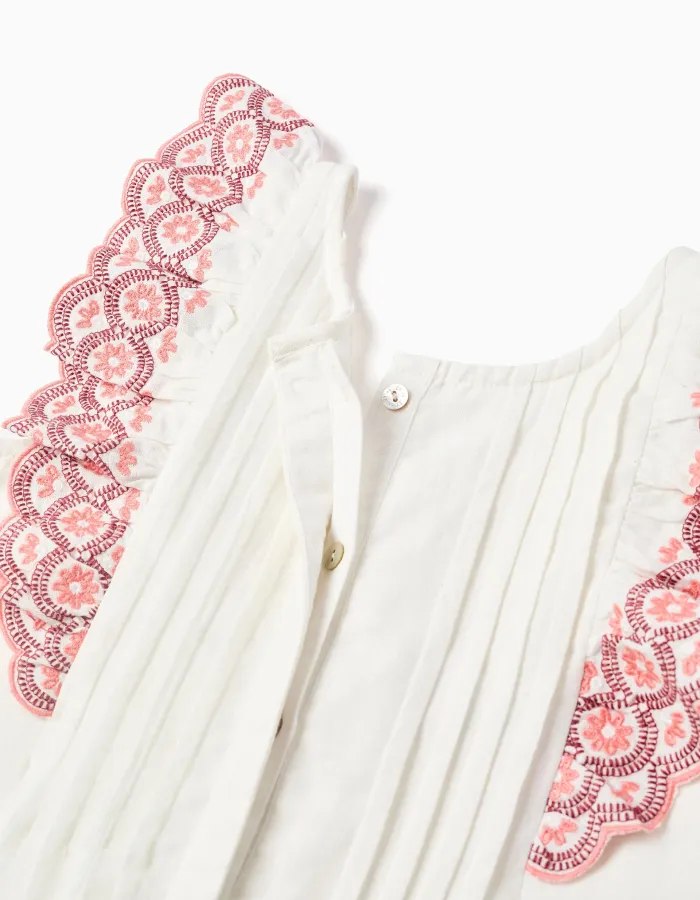 Wide leg cotton jumpsuit with ruffles for girls, white/pink