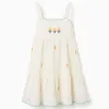 Cotton and linen dress with embroidered flowers for girls, light beige