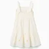 Cotton and linen dress with embroidered flowers for girls, light beige