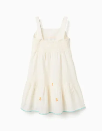 Cotton and linen dress with embroidered flowers for girls, light beige