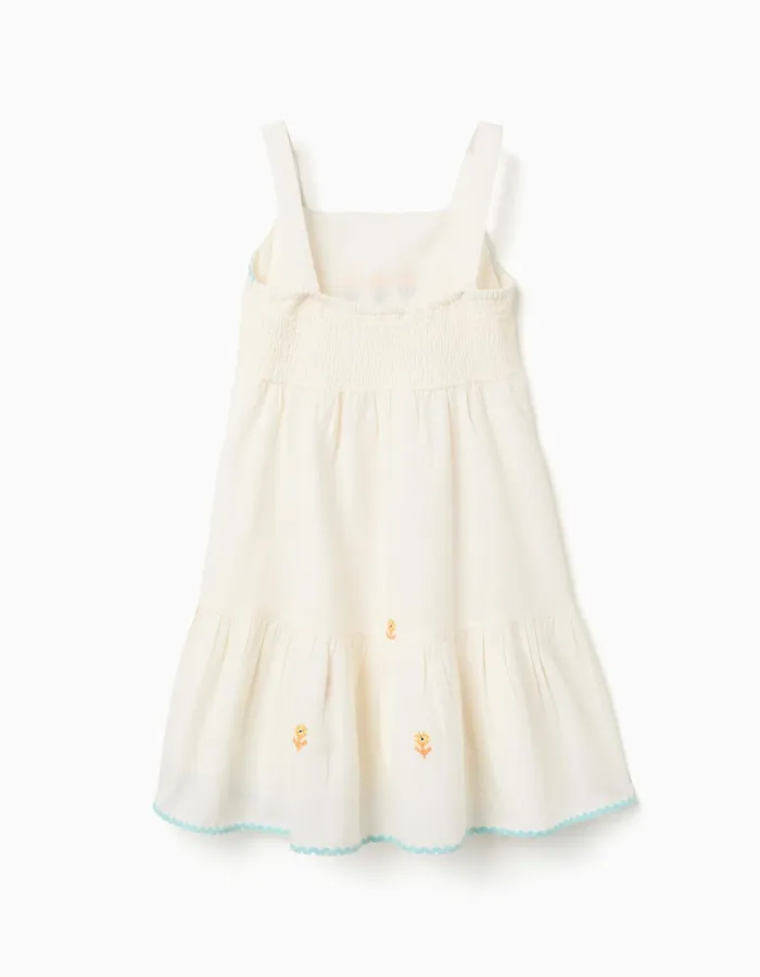 Cotton and linen dress with embroidered flowers for girls, light beige