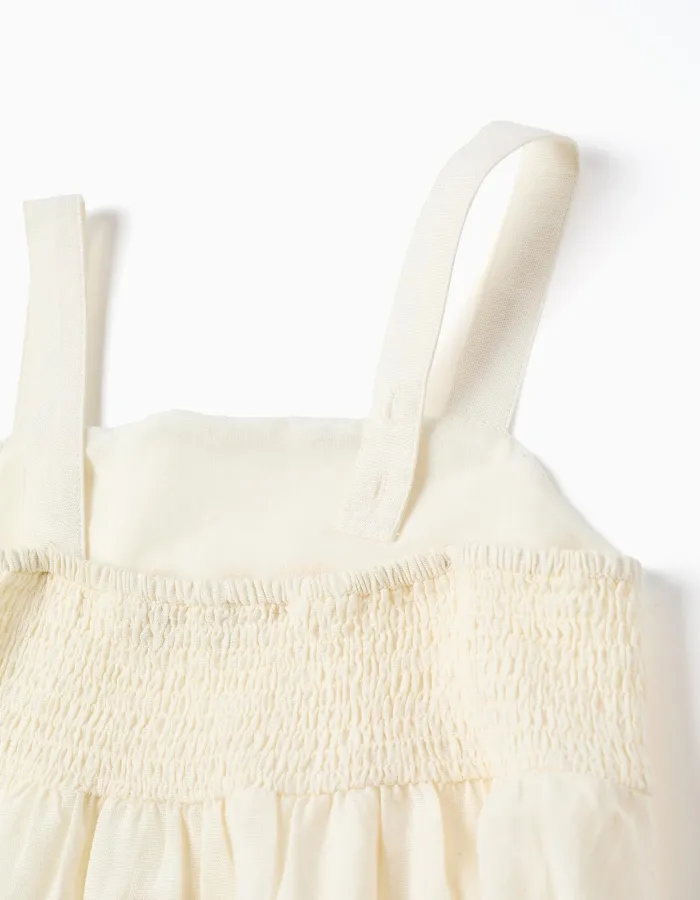 Cotton and linen dress with embroidered flowers for girls, light beige