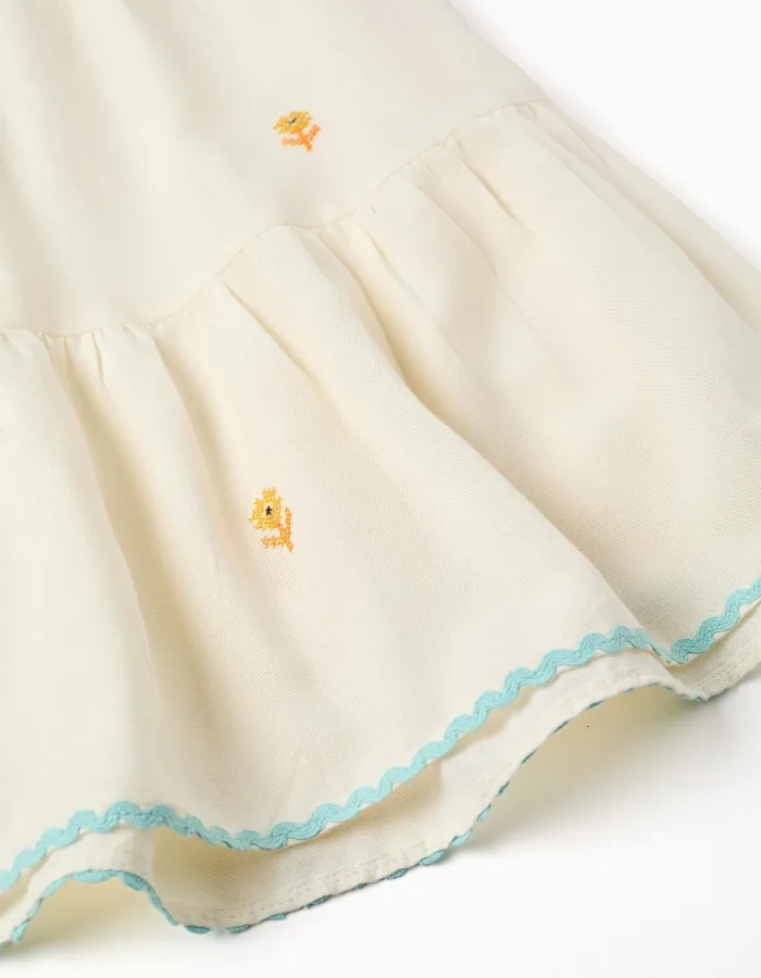 Cotton and linen dress with embroidered flowers for girls, light beige