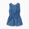 Denim playsuit with elasticated waistband and cut-out for girls, blue