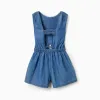 Denim playsuit with elasticated waistband and cut-out for girls, blue