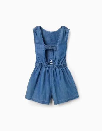 Denim playsuit with elasticated waistband and cut-out for girls, blue