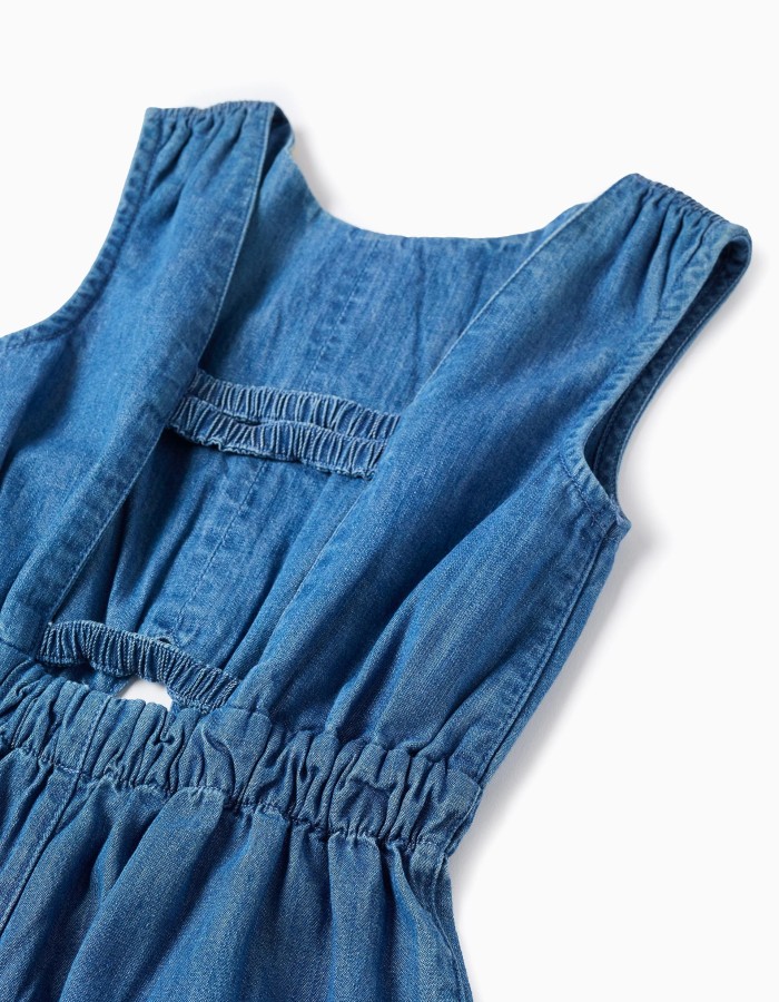 Denim playsuit with elasticated waistband and cut-out for girls, blue
