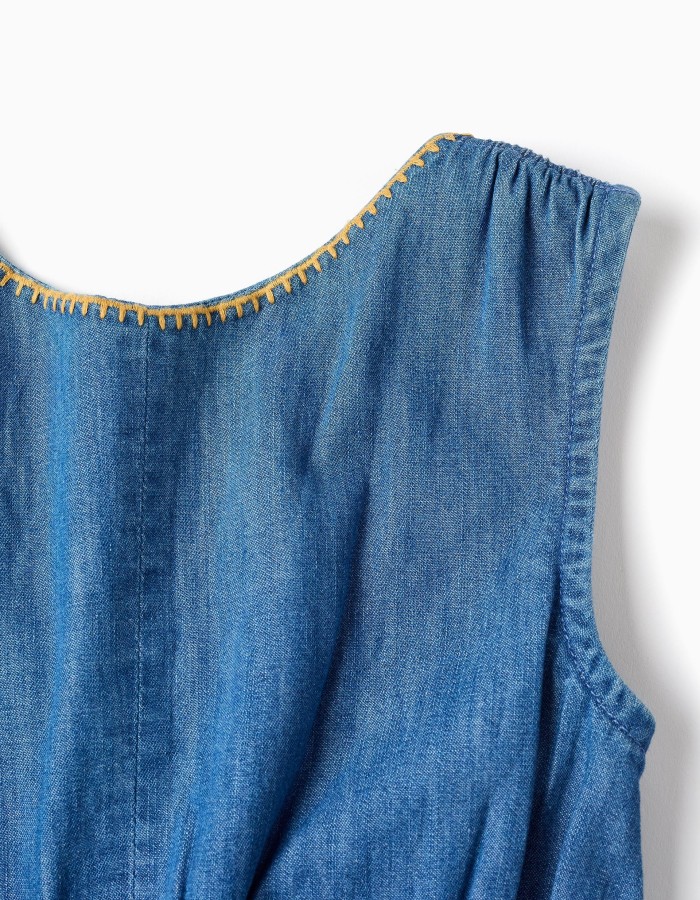 Denim playsuit with elasticated waistband and cut-out for girls, blue