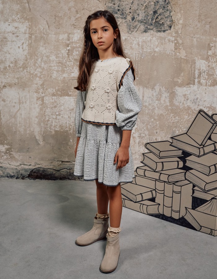 Striped cotton dress with puffy sleeves B&S for girls, white/grey