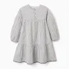 Striped cotton dress with puffy sleeves B&S for girls, white/grey