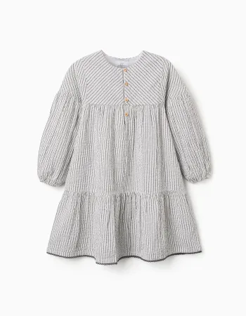 Striped cotton dress with puffy sleeves B&S for girls, white/grey