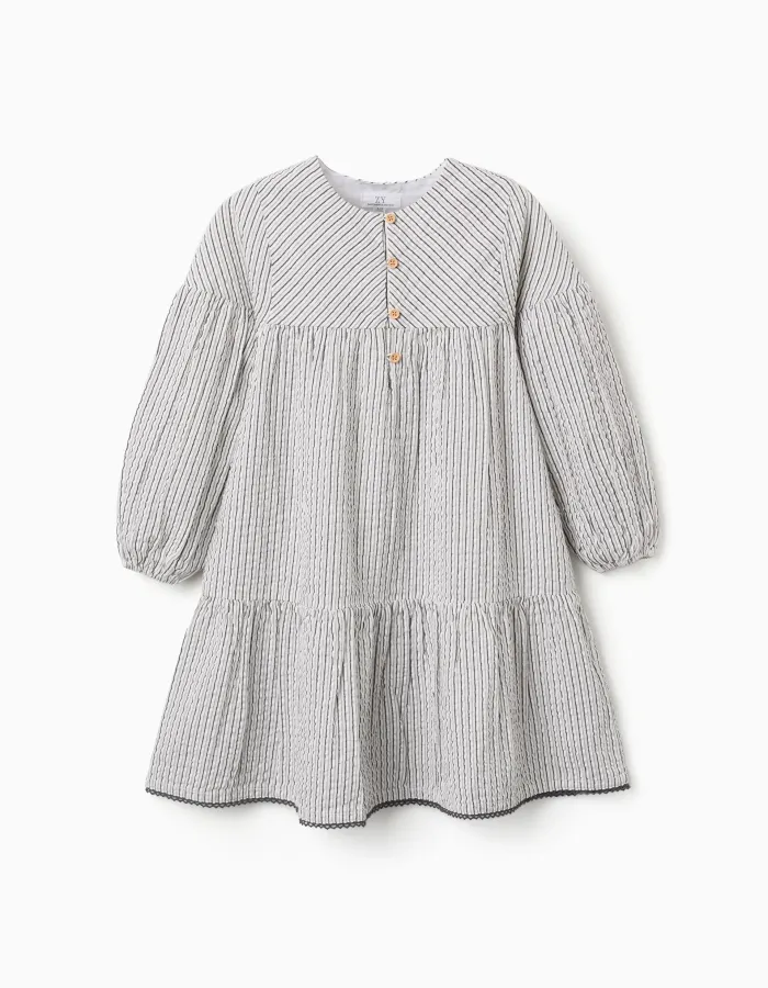Striped cotton dress with puffy sleeves B&S for girls, white/grey
