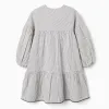 Striped cotton dress with puffy sleeves B&S for girls, white/grey