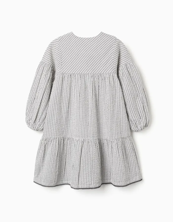Striped cotton dress with puffy sleeves B&S for girls, white/grey