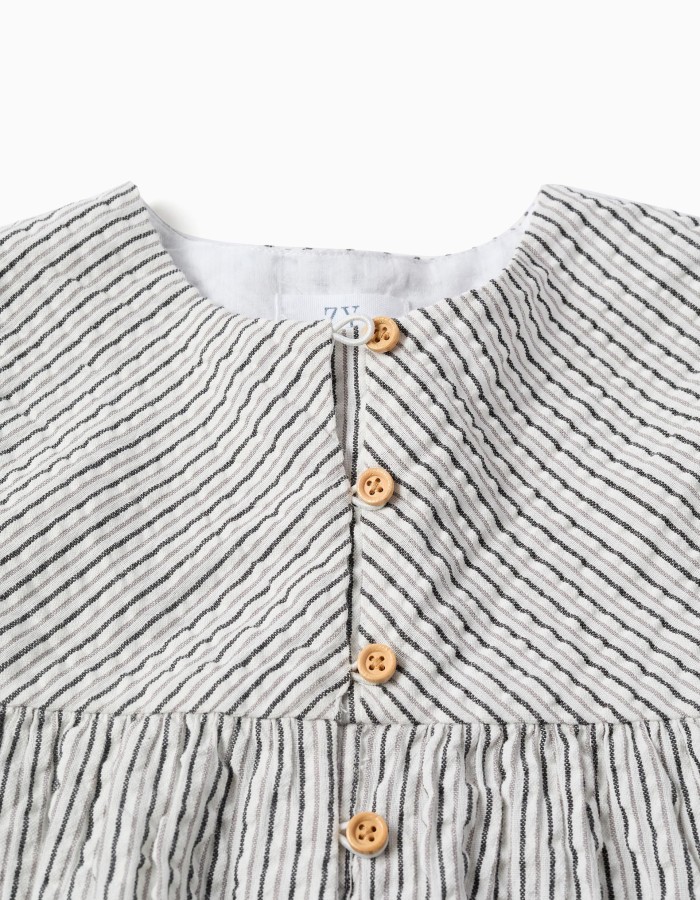 Striped cotton dress with puffy sleeves B&S for girls, white/grey