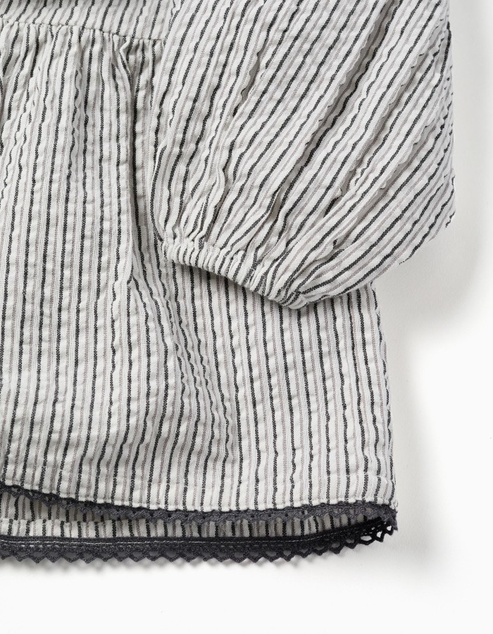 Striped cotton dress with puffy sleeves B&S for girls, white/grey