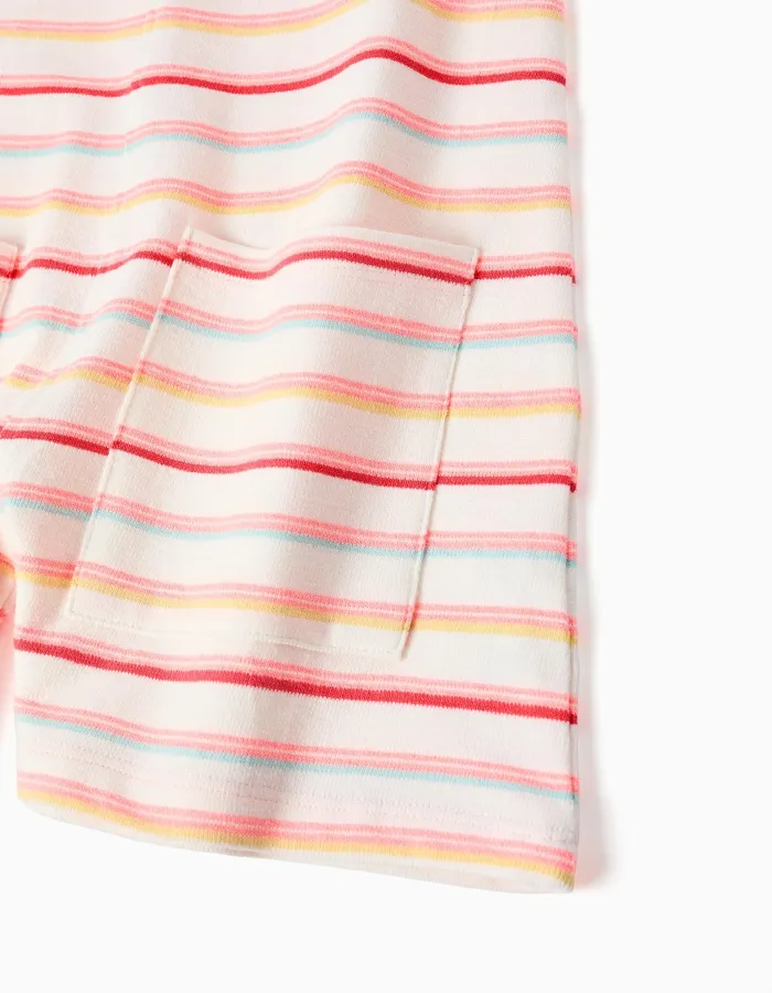 Striped cotton playsuit with front pockets for girls, multicolour