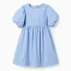 Cotton dress with embroidery and balloon sleeves for girls, light blue