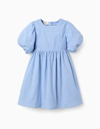 Cotton dress with embroidery and balloon sleeves for girls, light blue