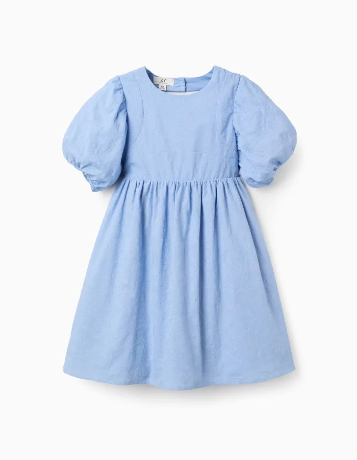 Cotton dress with embroidery and balloon sleeves for girls, light blue