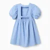Cotton dress with embroidery and balloon sleeves for girls, light blue