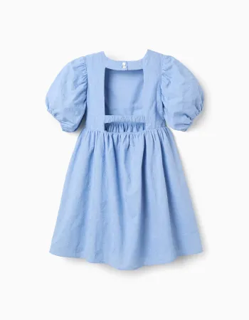 Cotton dress with embroidery and balloon sleeves for girls, light blue