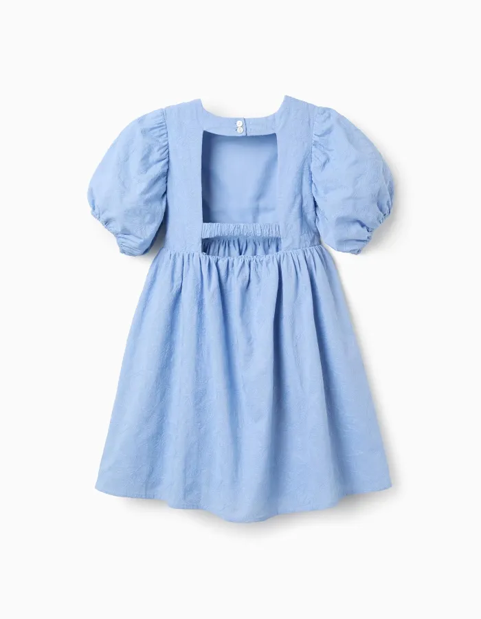 Cotton dress with embroidery and balloon sleeves for girls, light blue