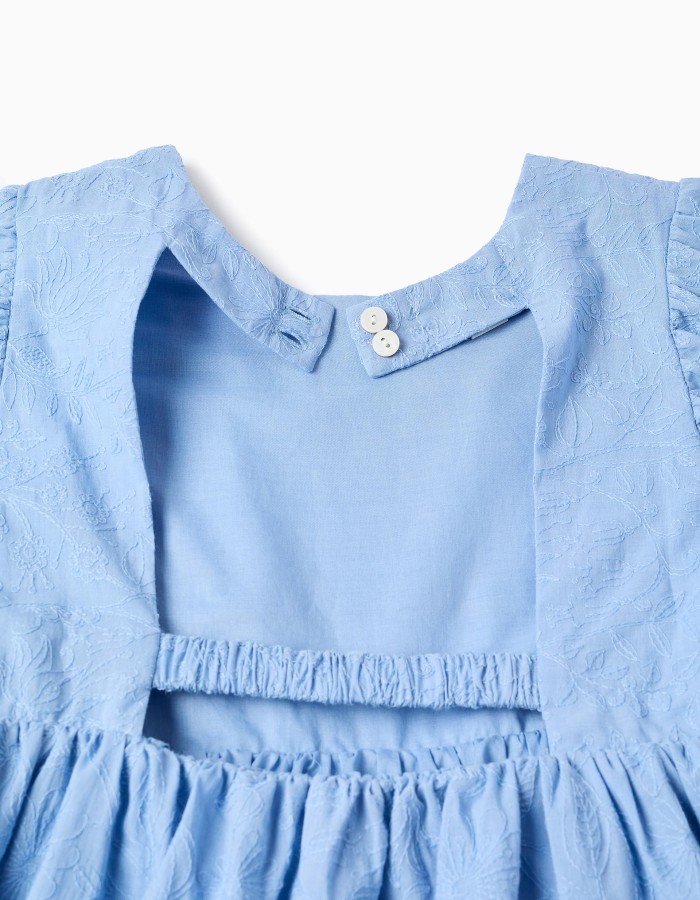 Cotton dress with embroidery and balloon sleeves for girls, light blue