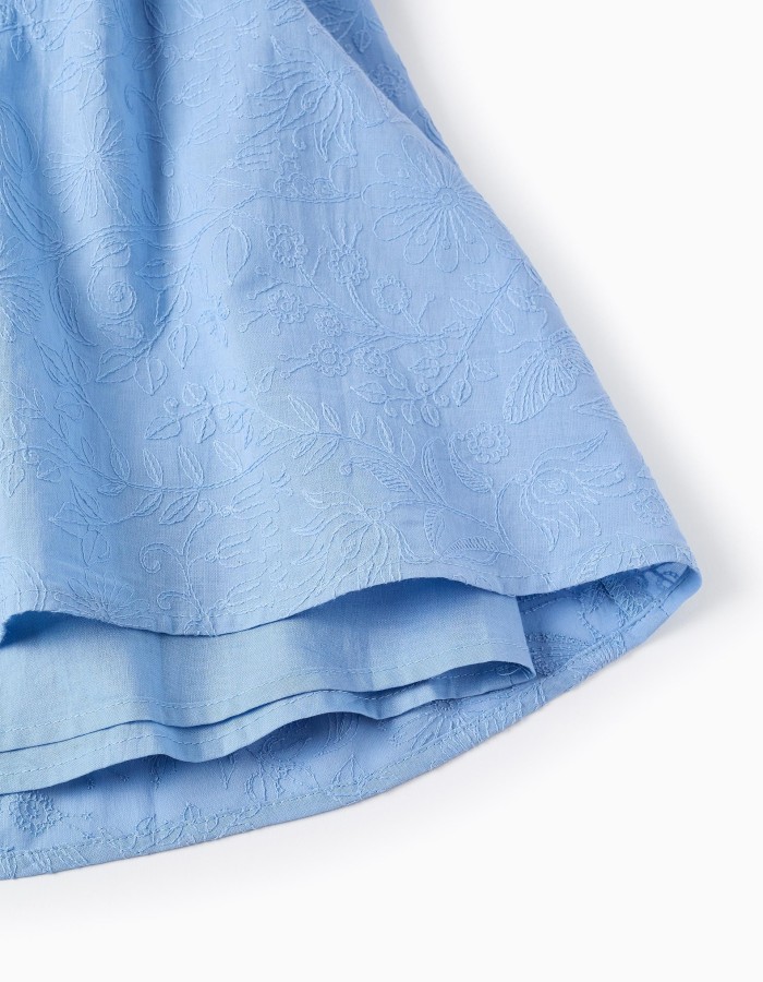 Cotton dress with embroidery and balloon sleeves for girls, light blue