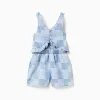 Denim playsuit with checkered pattern and ruffles for girls, blue