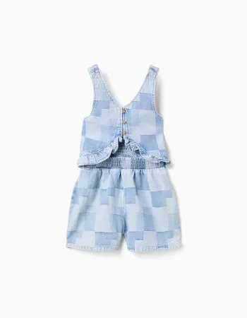 Denim playsuit with checkered pattern and ruffles for girls, blue