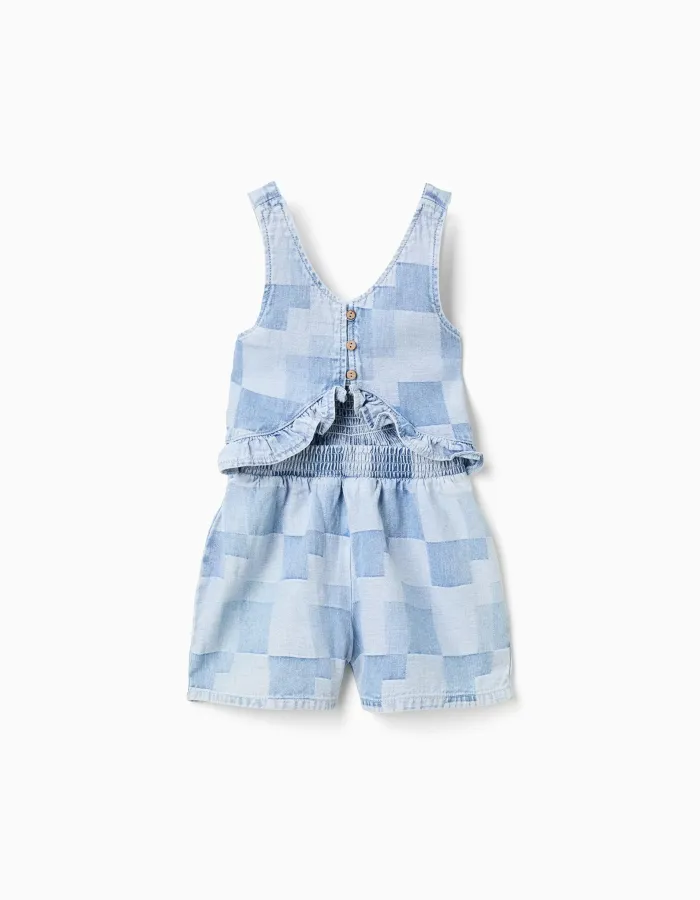 Denim playsuit with checkered pattern and ruffles for girls, blue