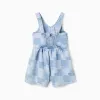 Denim playsuit with checkered pattern and ruffles for girls, blue