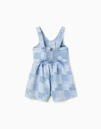 Denim playsuit with checkered pattern and ruffles for girls, blue