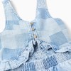 Denim playsuit with checkered pattern and ruffles for girls, blue