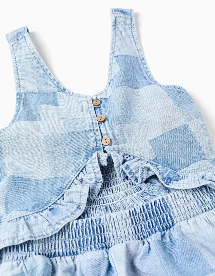 Denim playsuit with checkered pattern and ruffles for girls, blue