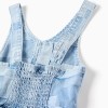 Denim playsuit with checkered pattern and ruffles for girls, blue