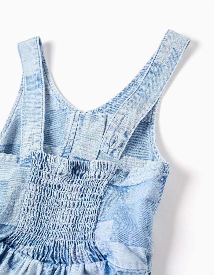 Denim playsuit with checkered pattern and ruffles for girls, blue