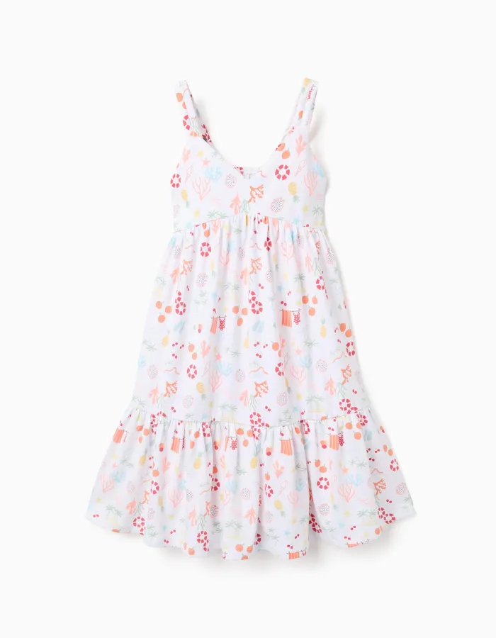Sleeveless A-line cotton dress with beach motif for girls, white